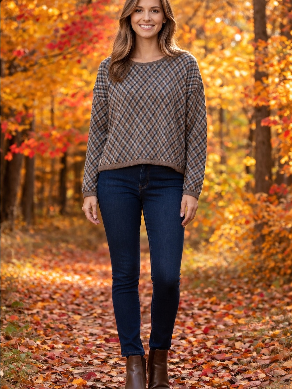 cleo Diagonal Plaid Knit Long-Sleeve Top in Brown and Black size XXL